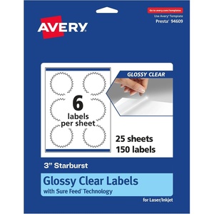 Avery Glossy Clear Starburst Labels, Sure Feed Technology, 3″, 150 Glossy Clear Labels, Print-to-The-Edge, Laser/Inkjet Printable(150 labels)