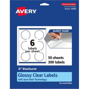 Avery Glossy Clear Starburst Labels, Sure Feed Technology, 3″, 150 Glossy Clear Labels, Print-to-The-Edge, Laser/Inkjet Printable(300 labels)