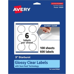 Avery Glossy Clear Starburst Labels, Sure Feed Technology, 3″, 150 Glossy Clear Labels, Print-to-The-Edge, Laser/Inkjet Printable(600 labels)