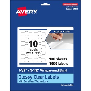 Avery Glossy Clear Wraparound Band Labels, Sure Feed Technology, 1.5″ x 3.5″, Cigar Band Labels, 100 Total, Print-to-The-Edge, Laser/Inkjet Printable(1 000 labels)