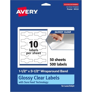 Avery Glossy Clear Wraparound Band Labels, Sure Feed Technology, 1.5″ x 3.5″, Cigar Band Labels, 100 Total, Print-to-The-Edge, Laser/Inkjet Printable(500 labels)