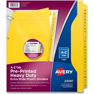 Avery Heavy-Duty Plastic Industrial Dividers, 26 A-Z Tabs, Yellow (23081)(A-Z Plastic Dividers)