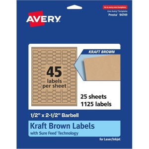 Avery Kraft Brown Barbell Labels, Sure Feed Technology, 0.5″ x 2.5″, 675 Kraft Brown Labels, Laser/Inkjet Printable(1 125 labels)