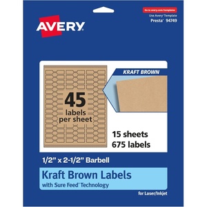 Avery Kraft Brown Barbell Labels, Sure Feed Technology, 0.5″ x 2.5″, 675 Kraft Brown Labels, Laser/Inkjet Printable(675 labels)