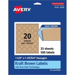 Avery Kraft Brown Hexagon Labels, Sure Feed Technology, 1-1/2″ x 1-47/54″, 500 Kraft Brown Labels, Print-to-The-Edge, Laser/Inkjet Printable(500 labels)