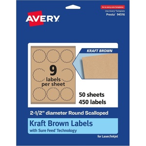 Avery Kraft Brown Round Scalloped Labels, Sure Feed Technology, 2.5″ Diameter, 135 Kraft Brown Labels, Print-to-The-Edge, Laser/Inkjet Printable(450 labels)