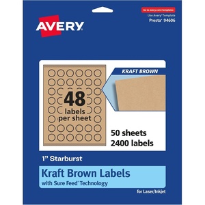 Avery Kraft Brown Starburst Labels, Sure Feed Technology, 1″, 1,200 Kraft Brown Labels, Print-To-The-Edge, Laser/Inkjet Printable(2 400 labels)