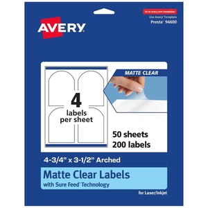 Avery Matte Clear Arched Labels, Sure Feed Technology, 4.75″ x 3.5″, 40 Matte Clear Labels, Print-to-The-Edge, Laser/Inkjet Printable(200 labels)