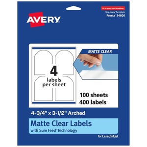 Avery Matte Clear Arched Labels, Sure Feed Technology, 4.75″ x 3.5″, 40 Matte Clear Labels, Print-to-The-Edge, Laser/Inkjet Printable(400 labels)