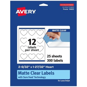 Avery Matte Clear Heart Labels, Sure Feed Technology, 2-9/32″ x 1-27/32″, 120 Matte Clear Labels, Print-to-The-Edge, Laser/Inkjet Printable(300 labels)