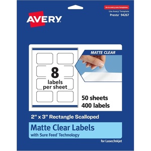 Avery Matte Clear Rectangle Scalloped Labels, Sure Feed Technology, 2″ x 3″, 200 Matte Clear Labels, Print-to-The-Edge, Laser/Inkjet Printable(400 labels)