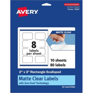 Avery Matte Clear Rectangle Scalloped Labels, Sure Feed Technology, 2″ x 3″, 200 Matte Clear Labels, Print-to-The-Edge, Laser/Inkjet Printable(80 labels)