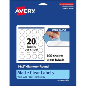 Avery Matte Clear Round Labels, Sure Feed Technology, 1.5″ Diameter, 200 Matte Clear Labels, Print-to-The-Edge, Laser/Inkjet Printable(2 000 labels)