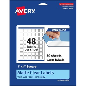 Avery Matte Clear Square Labels, Sure Feed Technology, 1″ x 1″, 480 Matte Clear Labels, Print-to-The-Edge, Laser/Inkjet Printable(2 400 labels)