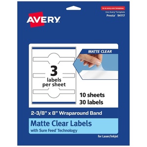 Avery Matte Clear Wraparound Band Labels, Sure Feed Technology, 2-3/8″ x 8″, Cigar Band Labels, 30 Total, Laser/Inkjet Printable(30 labels)