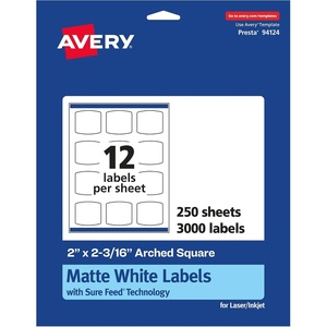 Avery Matte White Arched Square Labels, Sure Feed Technology, 2″ x 2-3/16″, 300 White Labels, Print-to-The-Edge, Permanent Adhesive, Laser/Inkjet Printable(3 000 labels)