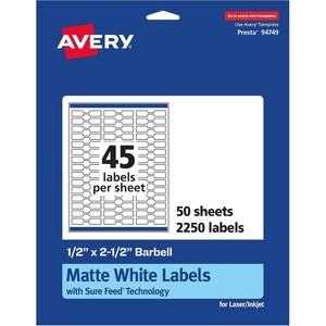 Avery Matte White Barbell Labels, Sure Feed Technology, 0.5″ x 2.5″, 1,125 White Labels, Permanent Adhesive, Laser/Inkjet Printable(2 250 labels)
