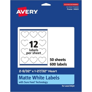 Avery Matte White Heart Labels, Sure Feed Technology, 2-9/32″ x 1-27/32″, 600 Matte White Printable Labels(600 Labels)