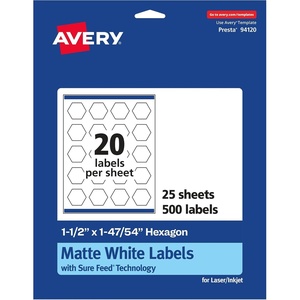 Avery Matte White Hexagon Labels, Sure Feed Technology, 1.5″ x 1-47/54″, 500 White Labels, Print-to-The-Edge, Permanent Adhesive, Laser/Inkjet Printable(500 labels)