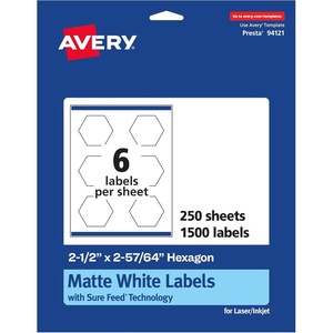Avery Matte White Hexagon Labels, Sure Feed Technology, 2.5″ x 2-57/64″, 150 White Labels, Print-to-The-Edge, Permanent Adhesive, Laser/Inkjet Printable(1 500 labels)