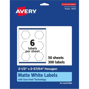 Avery Matte White Hexagon Labels, Sure Feed Technology, 2.5″ x 2-57/64″, 150 White Labels, Print-to-The-Edge, Permanent Adhesive, Laser/Inkjet Printable(300 labels)
