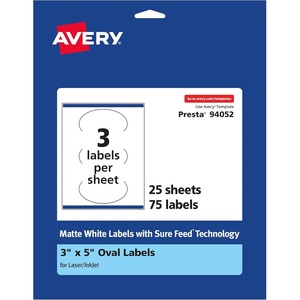 Avery Matte White Oval Labels, Sure Feed Technology, 3″ x 5″, 75 Matte White Printable Labels(75 Labels)