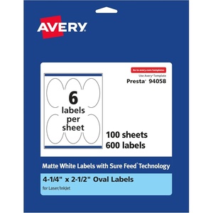 Avery Matte White Oval Labels, Sure Feed Technology, 4.25″ x 2.5″, 150 Matte White Printable Labels(600 Labels)