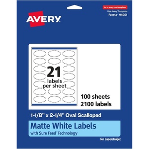 Avery Matte White Oval Scalloped Labels, Sure Feed Technology, 1-1/8″ x 2-1/4″, 525 Matte White Printable Labels(2 100 Labels)