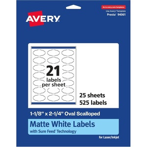 Avery Matte White Oval Scalloped Labels, Sure Feed Technology, 1-1/8″ x 2-1/4″, 525 Matte White Printable Labels(525 Labels)