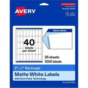 Avery Matte White Rectangle Labels, Sure Feed Technology, 1″ x 2″, 600 Matte White Printable Labels(Not Print-to-the-Edge)