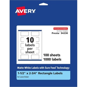 Avery Matte White Rectangle Labels, Sure Feed Technology, 1.5″ x 2.75″, 250 Matte White Printable Labels(1 000 Labels)