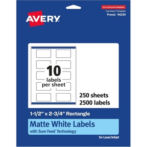 Avery Matte White Rectangle Labels, Sure Feed Technology, 1.5″ x 2.75″, 250 Matte White Printable Labels(2 500 Labels)