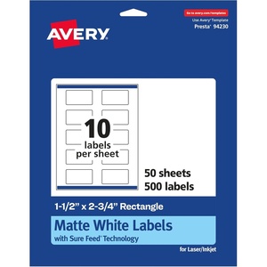 Avery Matte White Rectangle Labels, Sure Feed Technology, 1.5″ x 2.75″, 250 Matte White Printable Labels(500 Labels)
