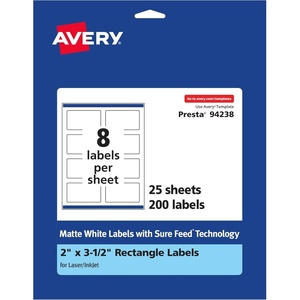 Avery Matte White Rectangle Labels, Sure Feed Technology, 2″ x 3.5″, 200 Matte White Printable Labels(200 Labels)