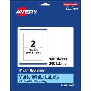 Avery Matte White Rectangle Labels, Sure Feed Technology, 4″ x 6″, 50 White Labels, Print-to-The-Edge, Permanent Adhesive, Laser/Inkjet Printable(200 labels)