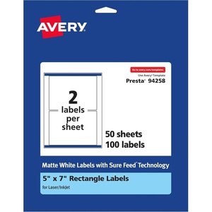 Avery Matte White Rectangle Labels, Sure Feed Technology, 5″ x 7″, 50 Matte White Printable Labels(100 Labels)