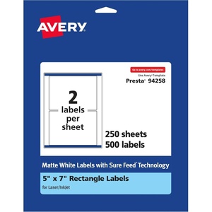 Avery Matte White Rectangle Labels, Sure Feed Technology, 5″ x 7″, 50 Matte White Printable Labels(500 Labels)