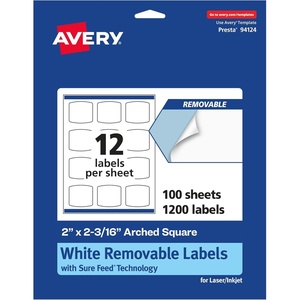 Avery Matte White Removable Arched Square Labels, Sure Feed Technology, Print-to-The-Edge, 2″ x 2-3/16″, 180 Removable Labels, Laser/Inkjet Printable(1 200 labels)