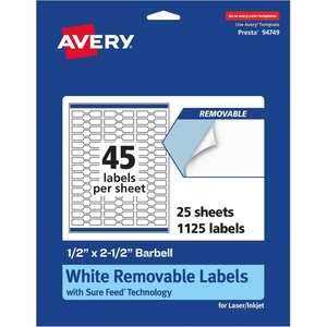 Avery Matte White Removable Barbell Labels, Sure Feed Technology, 0.5″ x 2.5″, 675 Removable Labels, Laser/Inkjet Printable(1 125 labels)