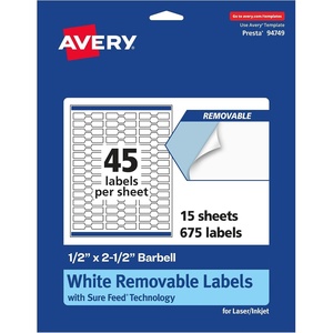 Avery Matte White Removable Barbell Labels, Sure Feed Technology, 0.5″ x 2.5″, 675 Removable Labels, Laser/Inkjet Printable(675 labels)