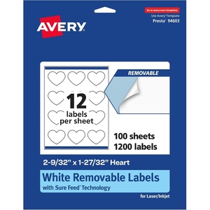 Avery Matte White Removable Heart Labels, Sure Feed Technology, Print-to-The-Edge, 2-9/32″ x 1-27/32″, 180 Removable Labels, Laser/Inkjet Printable(1 200 labels)