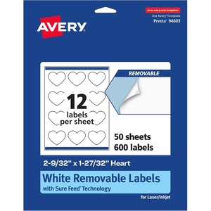 Avery Matte White Removable Heart Labels, Sure Feed Technology, Print-to-The-Edge, 2-9/32″ x 1-27/32″, 180 Removable Labels, Laser/Inkjet Printable(600 labels)