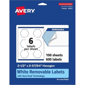 Avery Matte White Removable Hexagon Labels, Sure Feed Technology, Print-to-The-Edge, 2-1/2″ x 2-57/64″, 90 Removable Labels, Laser/Inkjet Printable(600 labels)