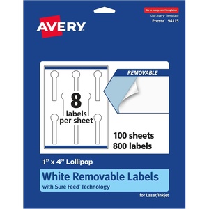 Avery Matte White Removable Lollipop Labels, Sure Feed Technology, Print-to-The-Edge, 1″ x 4″, 120 Removable Labels, Laser/Inkjet Printable(800 labels)