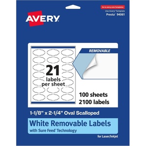 Avery Matte White Removable Oval Scalloped Labels, Sure Feed Technology, Print-to-The-Edge, 1-1/8″ x 2-1/4″, 315 Removable Labels, Laser/Inkjet Printable(2 100 labels)