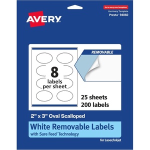 Avery Matte White Removable Oval Scalloped Labels, Sure Feed Technology, Print-to-The-Edge, 2″ x 3″, 120 Removable Labels, Laser/Inkjet Printable(200 labels)