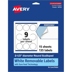 Avery Matte White Removable Round Scalloped Labels, Sure Feed Technology, Print-to-The-Edge, 2.5″ Diameter, 135 Removable Labels, Laser/Inkjet Printable(135 labels)