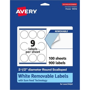 Avery Matte White Removable Round Scalloped Labels, Sure Feed Technology, Print-to-The-Edge, 2.5″ Diameter, 135 Removable Labels, Laser/Inkjet Printable(900 labels)