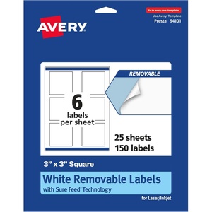 Avery Matte White Removable Square Labels, Sure Feed Technology, Print-to-The-Edge, 3″ x 3″, 150 Removable Labels, Laser/Inkjet Printable(150 labels)