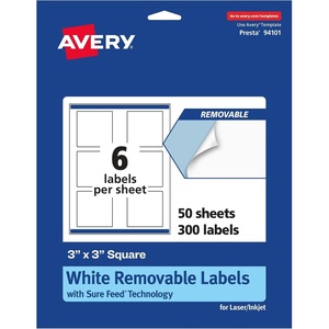 Avery Matte White Removable Square Labels, Sure Feed Technology, Print-to-The-Edge, 3″ x 3″, 150 Removable Labels, Laser/Inkjet Printable(300 labels)